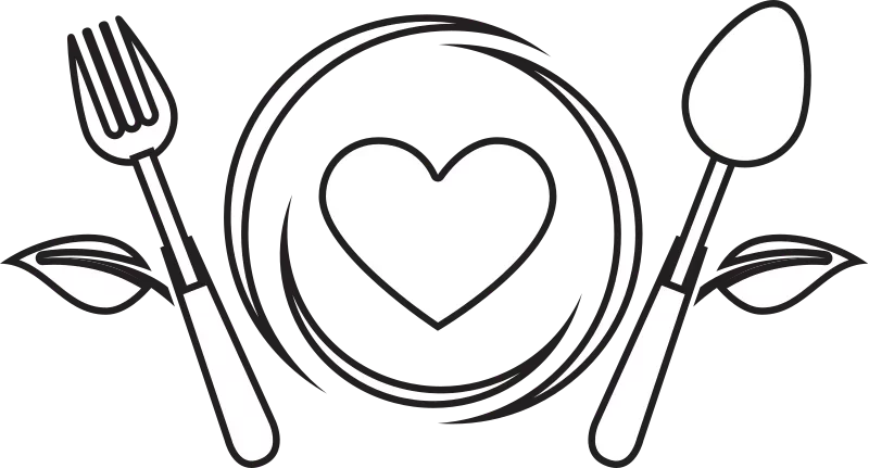 Stylisierter Teller mit einem Herz in der Mitte. Rechts ein Löffel und Links eine Gabel 