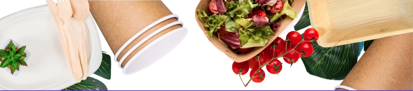 Bild mit Pappbechern, Salat und Tomaten und Verpackungsmaterial