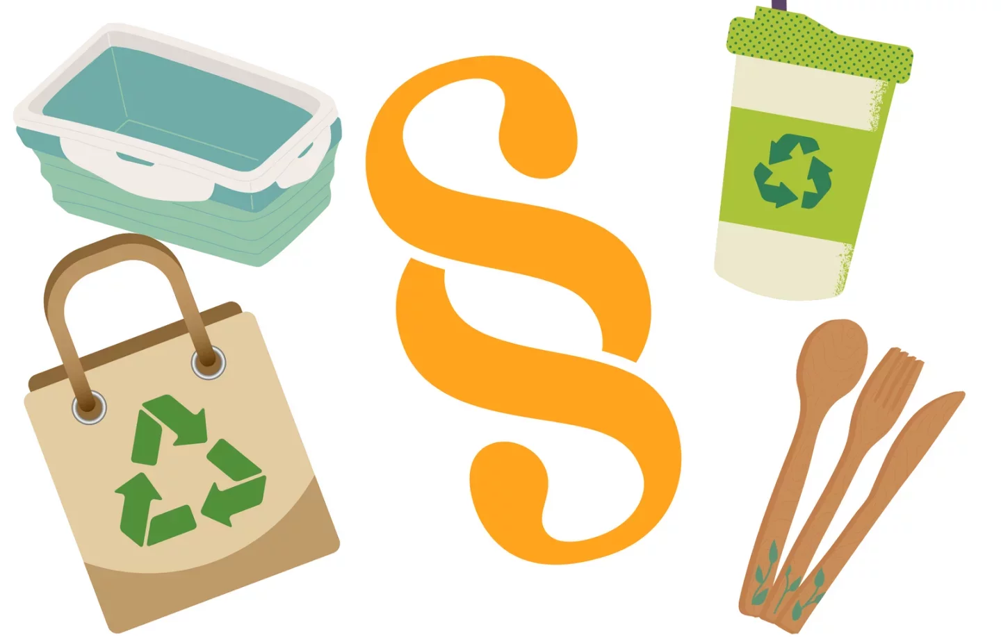 Bild mit Tüte, Einkaufskorb, Getränkebecher mit Recycle Logo, Holzbesteck und Paragraphen Symbol in der Mitte