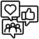 Icon mit Sprechblasen mit einem Herz, Daumen hoch und mehrere symbolisierten Personen