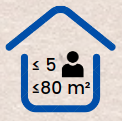 Symbol eines blauen Hauses mit Symbol einer Person und dem Text kleinergleich 5 und kleiner gleich 80 Quadratmeter
